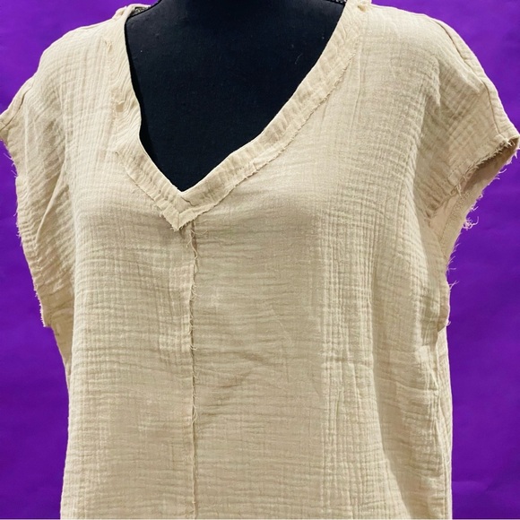 ANDREE BY UNIT Raw Finished Khaki Tan 100% Cotton Blouse Size Medium - Picture 1 of 8